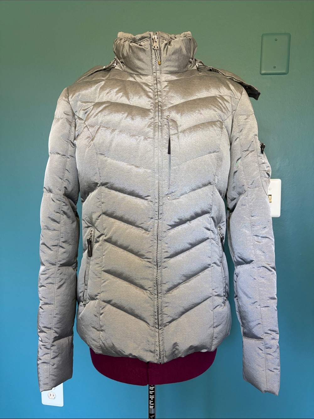 Eddie Bauer Metallic Silver Quilted Goose Down Puffer Removable Hood Jacket S